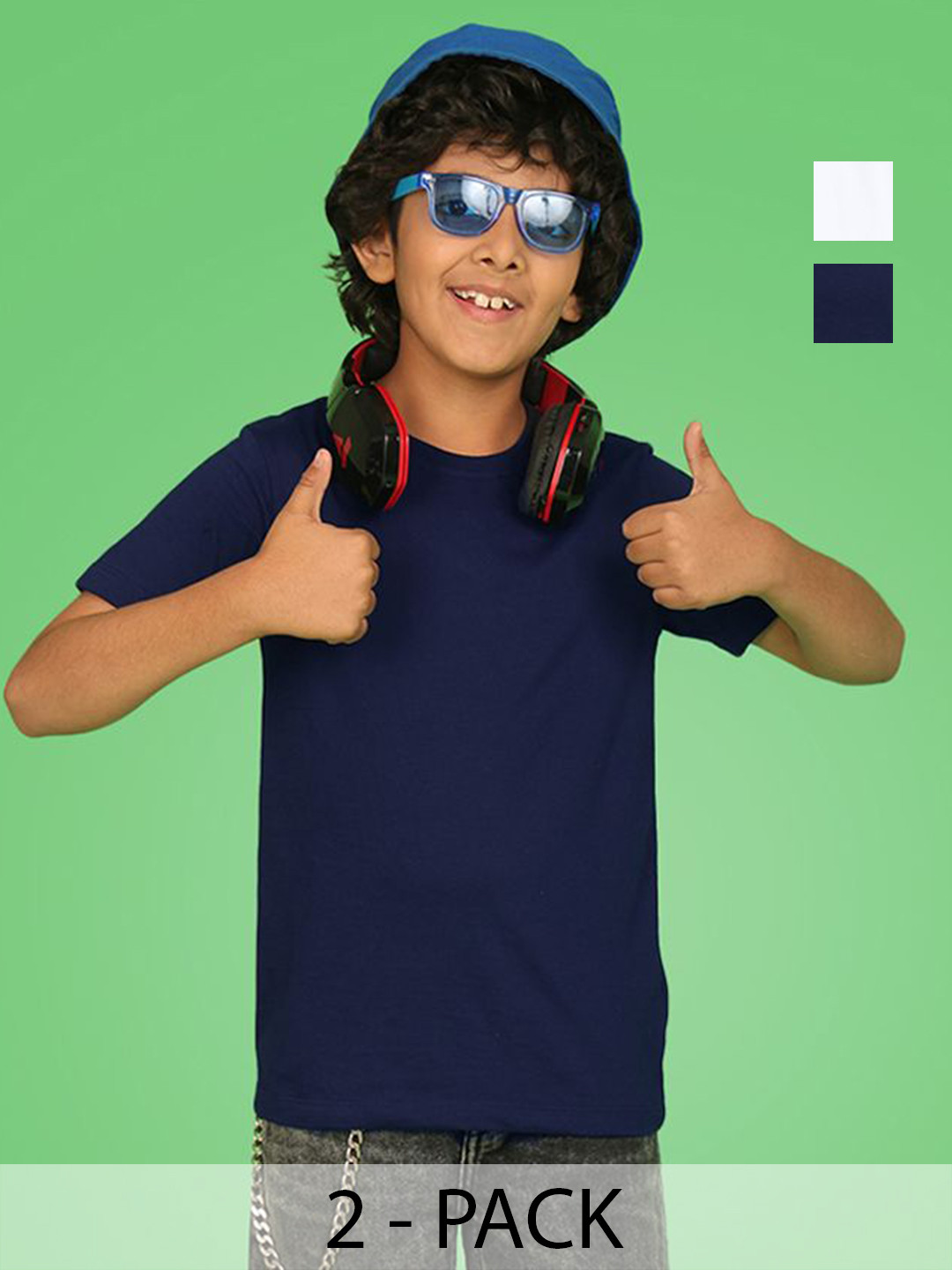 NUSYL Pack of 2 Boys White & Navy Blue Solid Half Sleeve T-Shirts