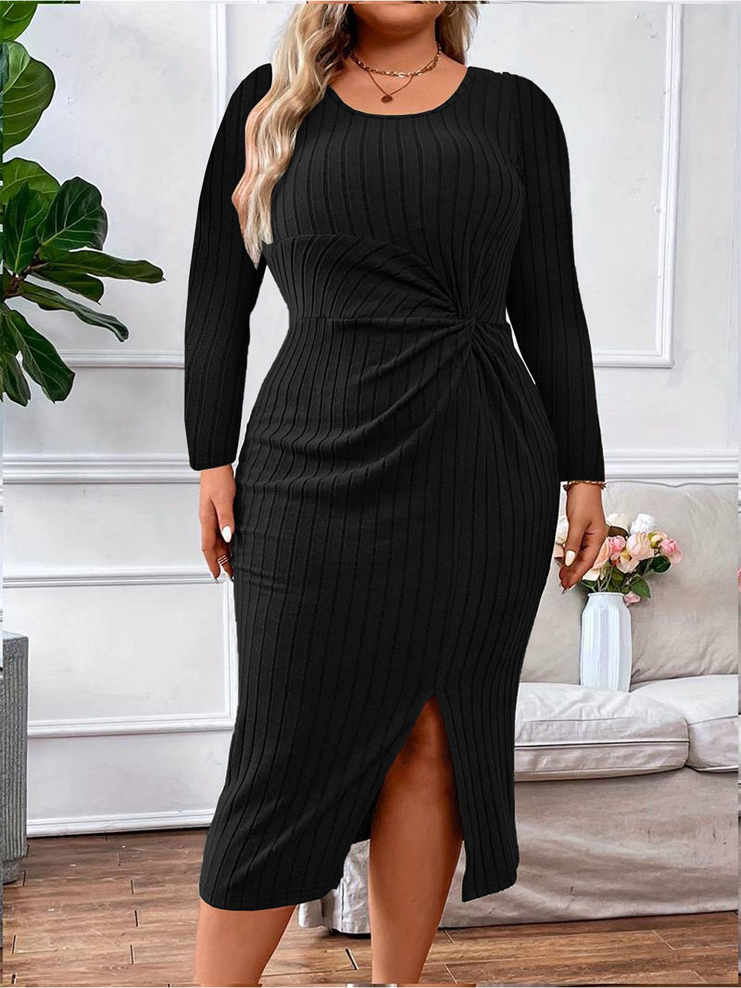 DressBerry Curve Women Plus Size Ribbed Side Slits Midi Dress