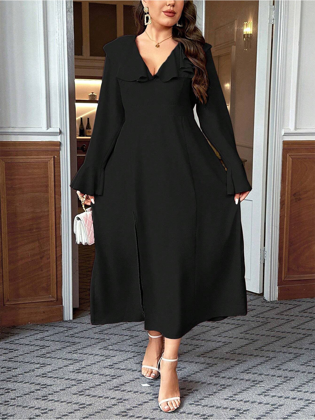 DressBerry Curve Women V-Neck Side Slits A-Line Midi Dress