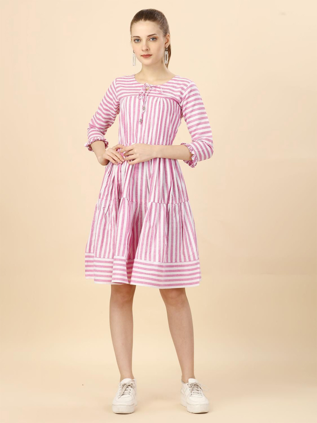 Glomee Women Striped Layered Fit & Flare Dress