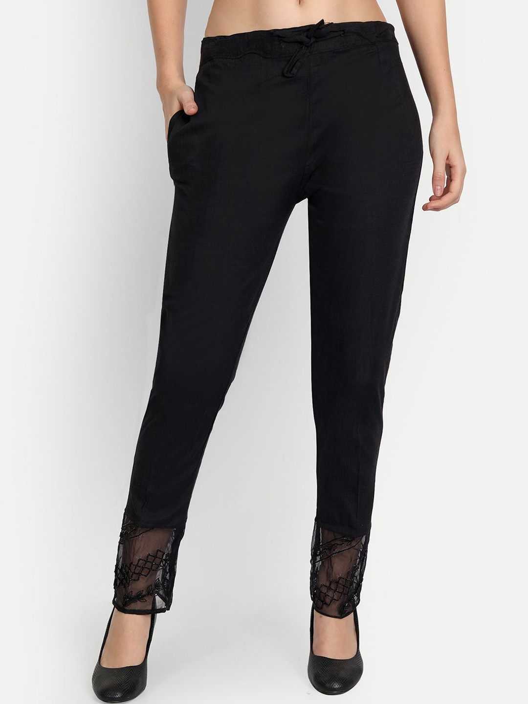 Moda Rapido Women Ethnic Trousers with Mesh Embroidery Smart Slim Fit Trousers