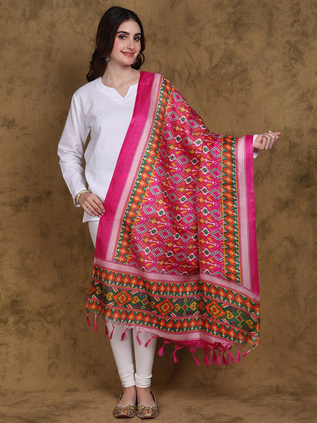 Exotic India Very Berry Patola Printed Art Silk Dupatta with Fringes