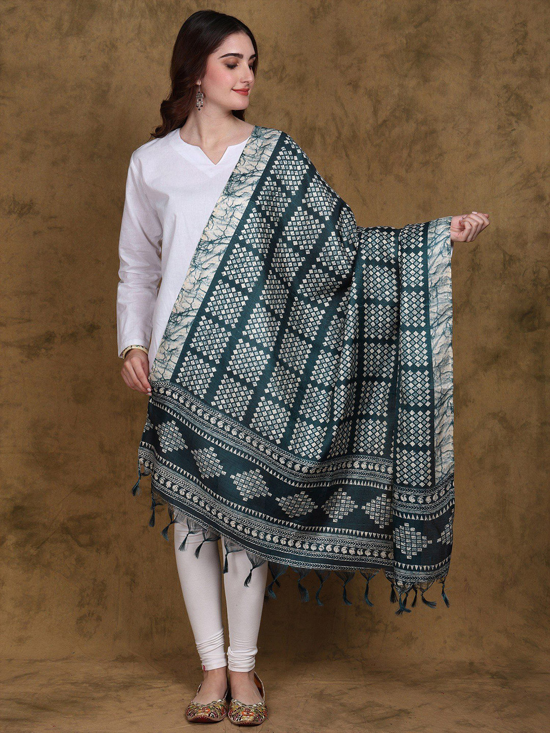 Exotic India Ink Blue Batik Printed Art Silk Dupatta with Fringes