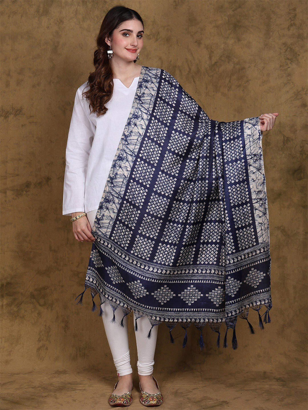 Exotic India Navy Peony Batik Printed Art Silk Dupatta with Fringes