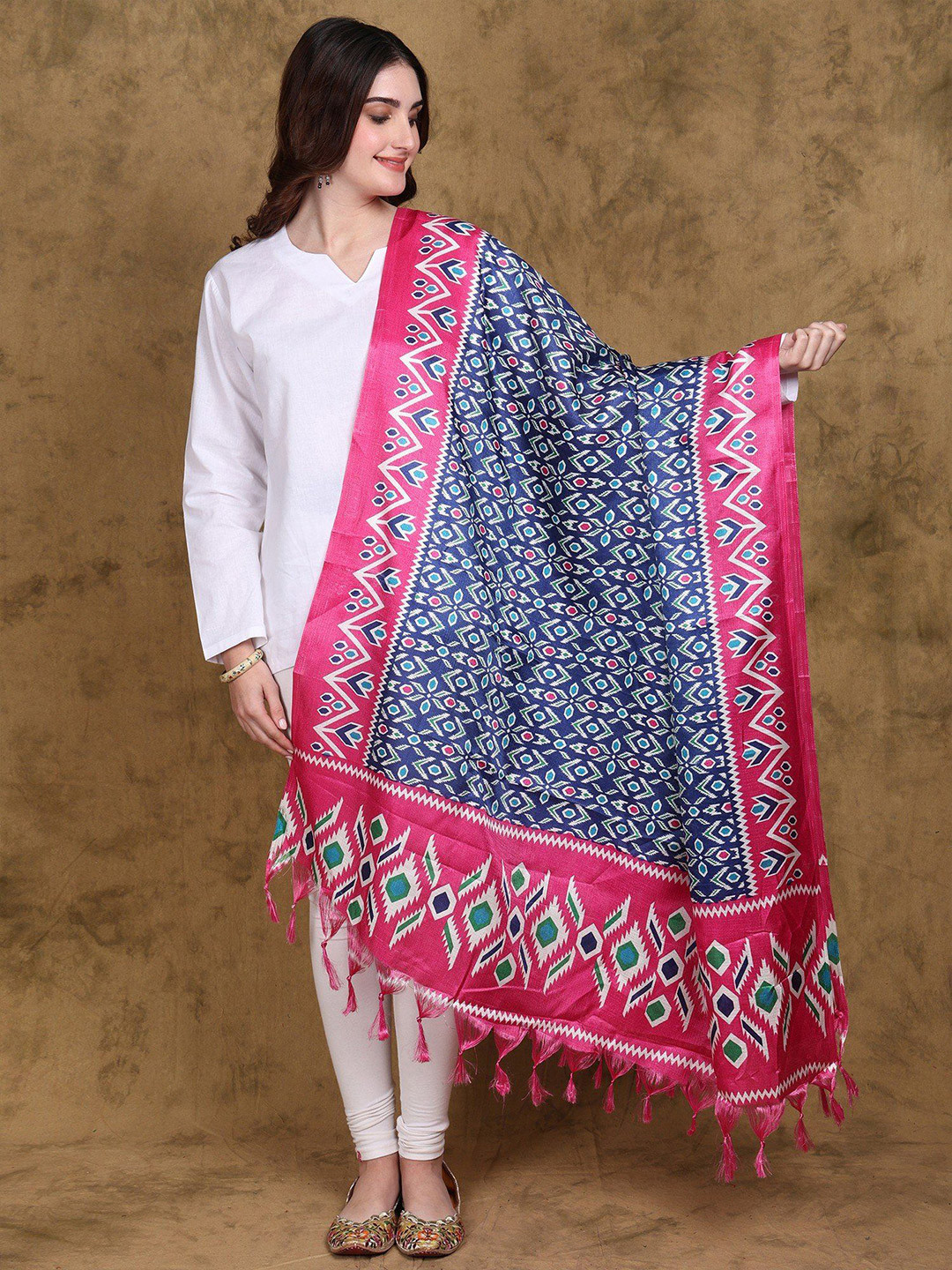 Exotic India Navy Peony Ikat Print Art Silk Dupatta with Fringes