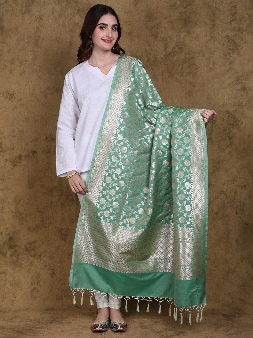 Exotic India Green Spruce Art Silk Dupatta with All Over Floral Vines and Fringes