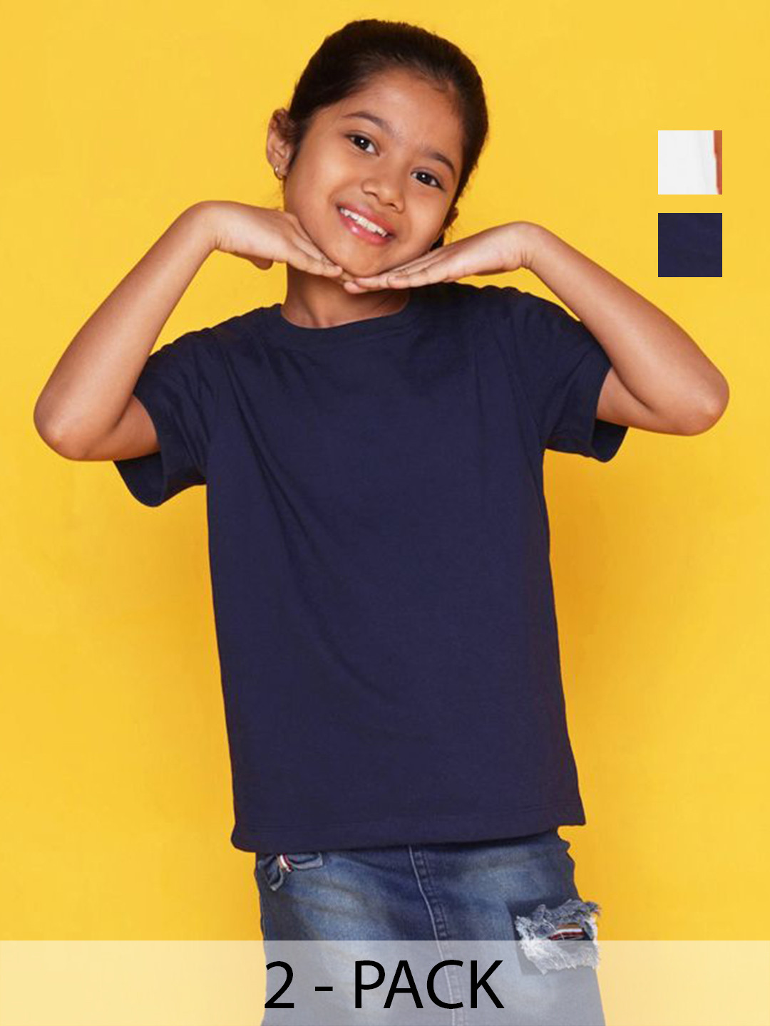 NUSYL Pack of 2 Girls White & Navy Blue Solid Half Sleeve T-Shirts