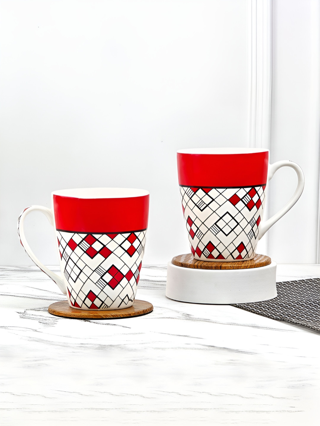UPC Red Checkered Ceramic Microwave Safe 2 Piece Mug-280ml