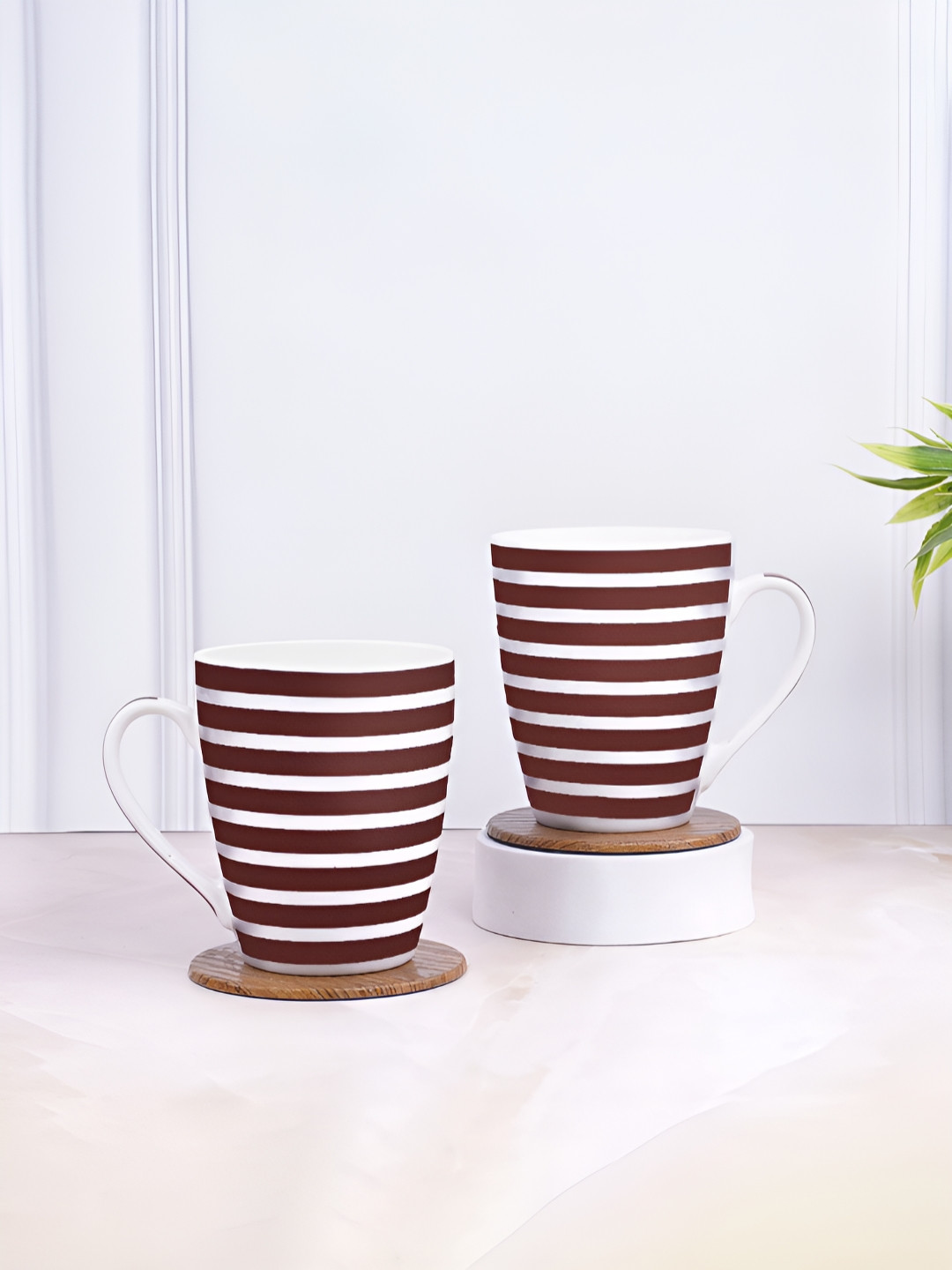 UPC Thank U Brown Striped Ceramic Microwave Safe 2 Piece Mugs-280ml