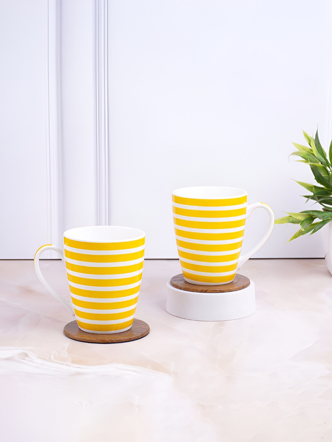 UPC Yellow Striped Ceramic Handmade 2 Piece Mugs-280ml