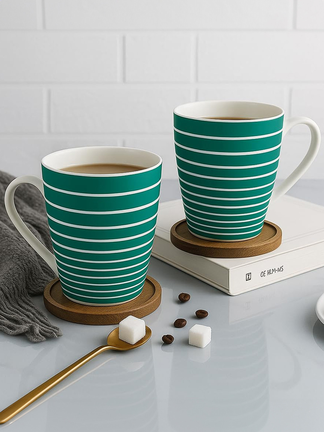 UPC Premia Series New Iris Green Striped Ceramic Microwave Safe 2 Piece Mugs-280ml