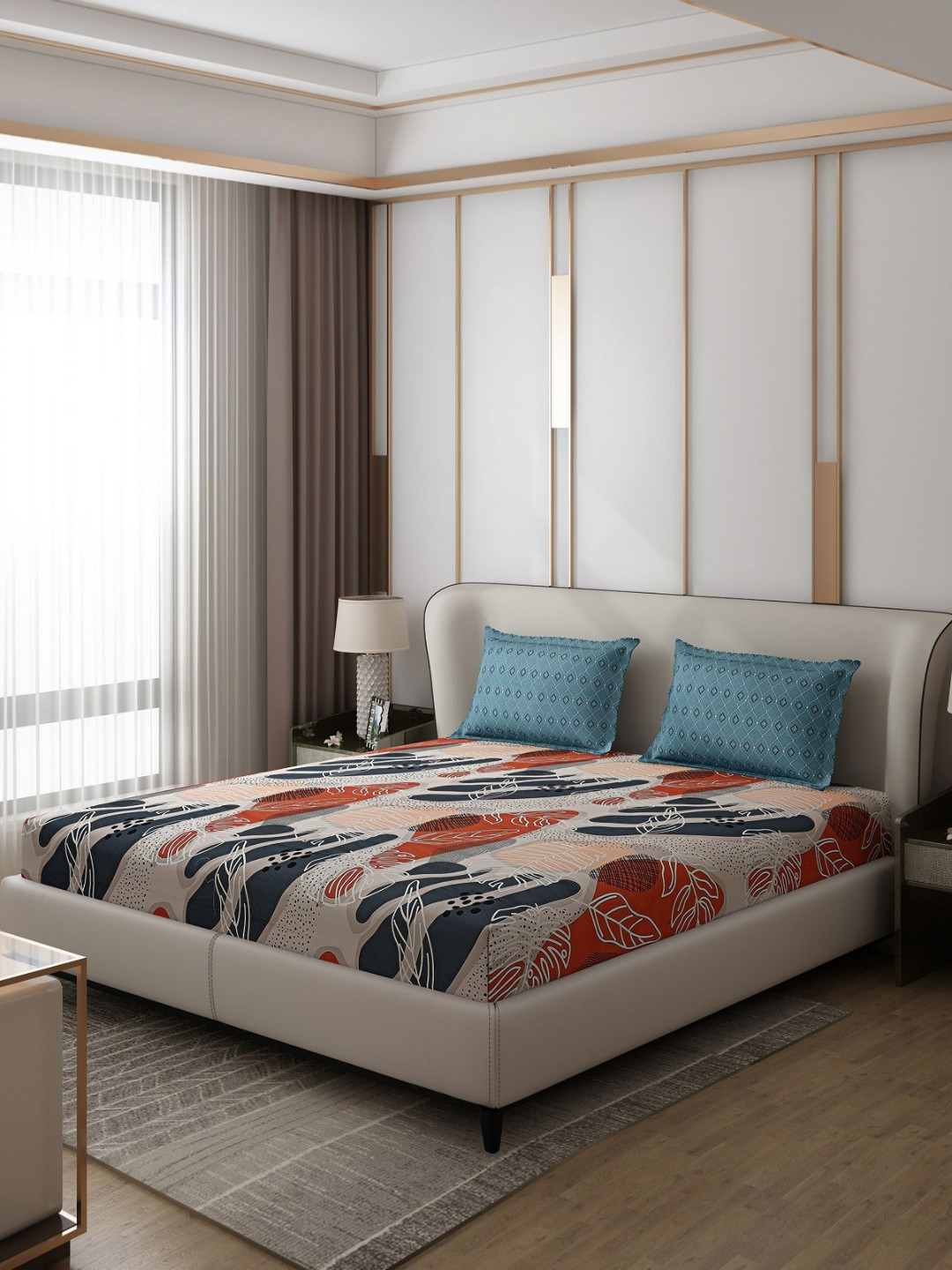 Monte Carlo Aromatic Grey Leaf Polyester 110 TC Queen Coarse Bedsheet with 2 Pillow Covers-98 x 91 inches