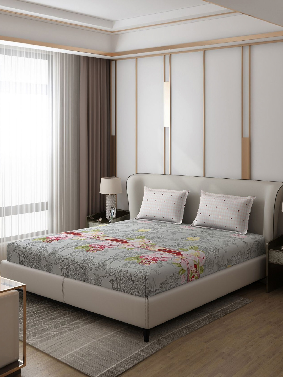 Monte Carlo Edmond Grey Floral Polyester 130 TC Queen Bedsheet with 2 Pillow Covers-98 x 91 inches