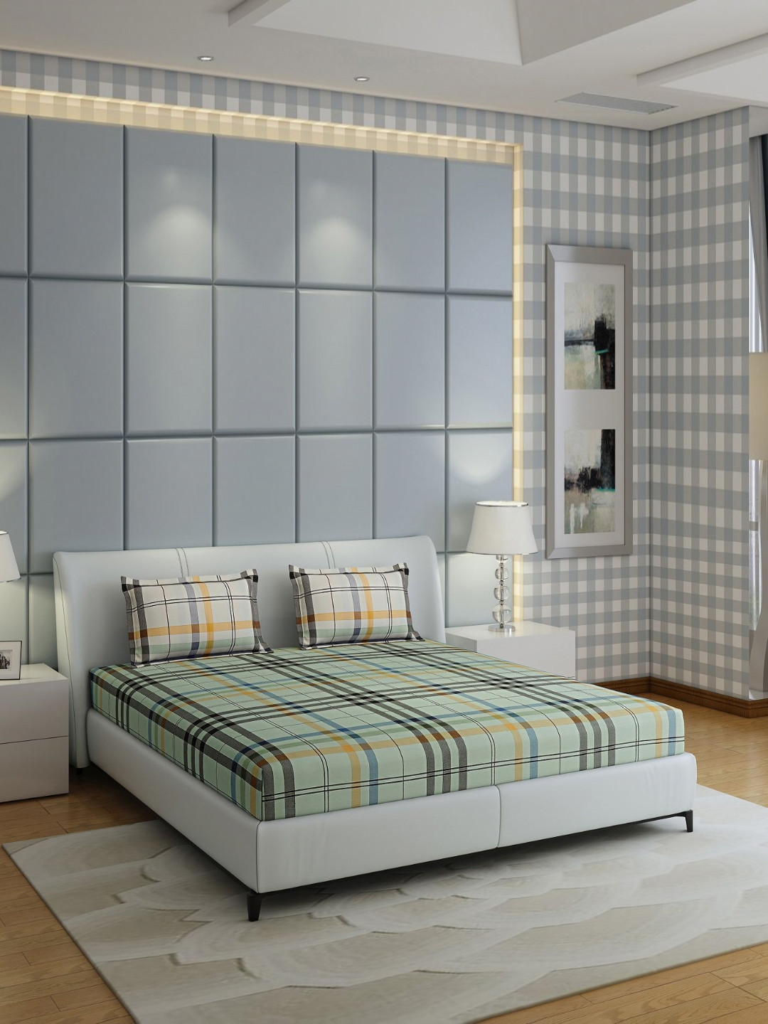 Monte Carlo Chitki Green Geometric Cotton 300 TC Queen Fine Bedsheet with 2 Pillow Covers-228 x 254 cm