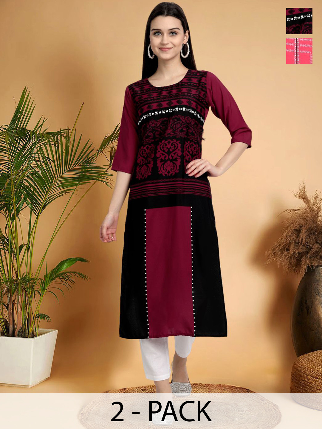 7Threads Selection Of 2 Ethnic Motis Printed Round Neck Kurtas