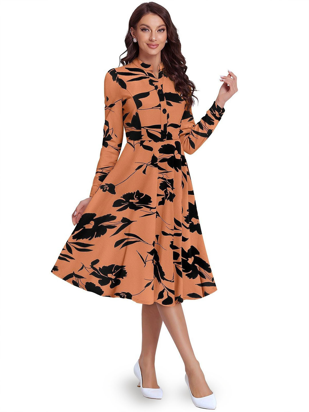 ODETTE Orange Knitting Printed Dress For Women