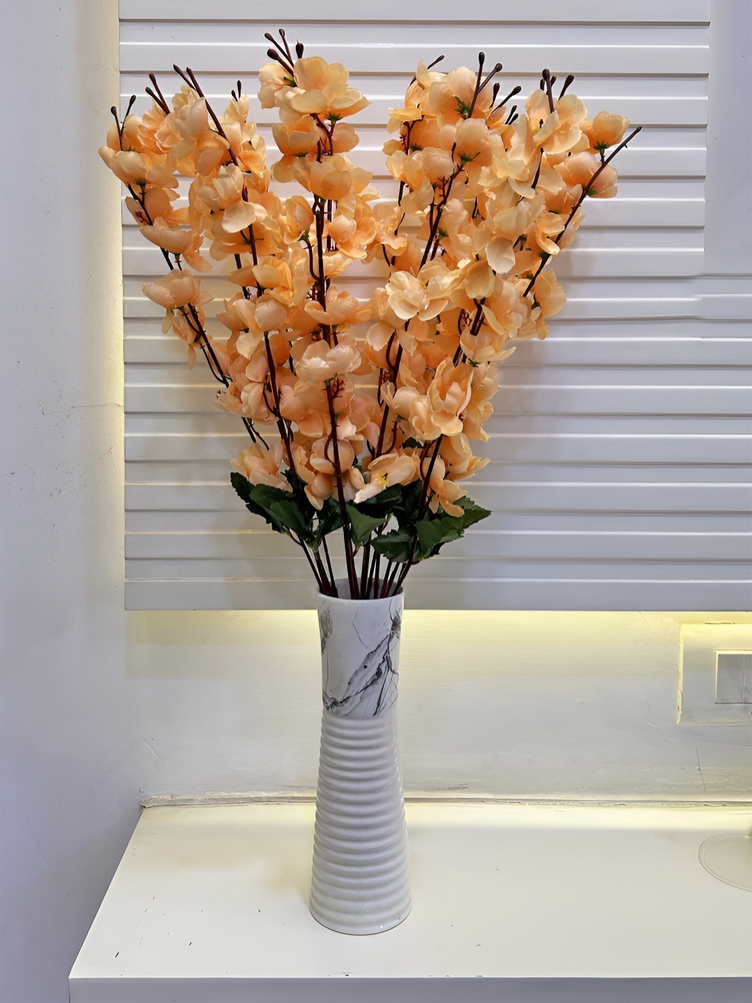 ARTSY Cream-Coloured & Green 2 Pieces Cherry Blossom Artificial Flowers