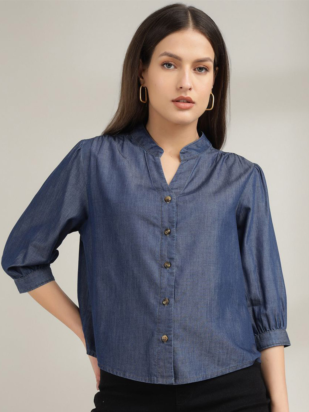 Xpose Women Comfort Boxy Fit Mandarin Collar Solid Denim Shirt
