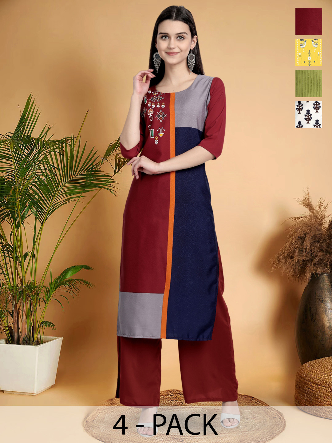 7Threads Selection Of 4 Colorblocked Printed Round Neck Straight Kurtas