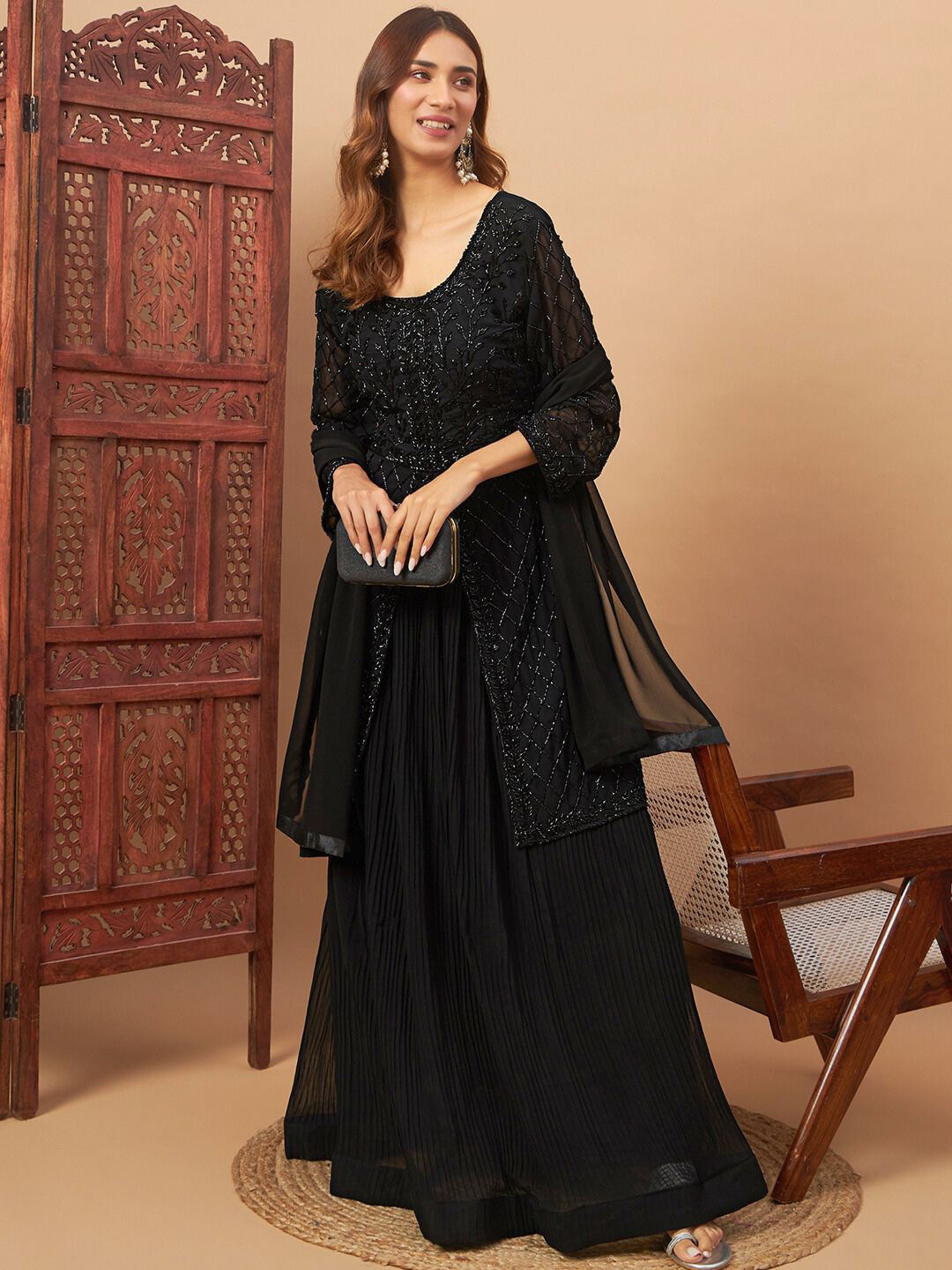 Chhabra 555 Floral Embroidered Front Open U-Neck Straight Kurta With Skirt And Dupatta