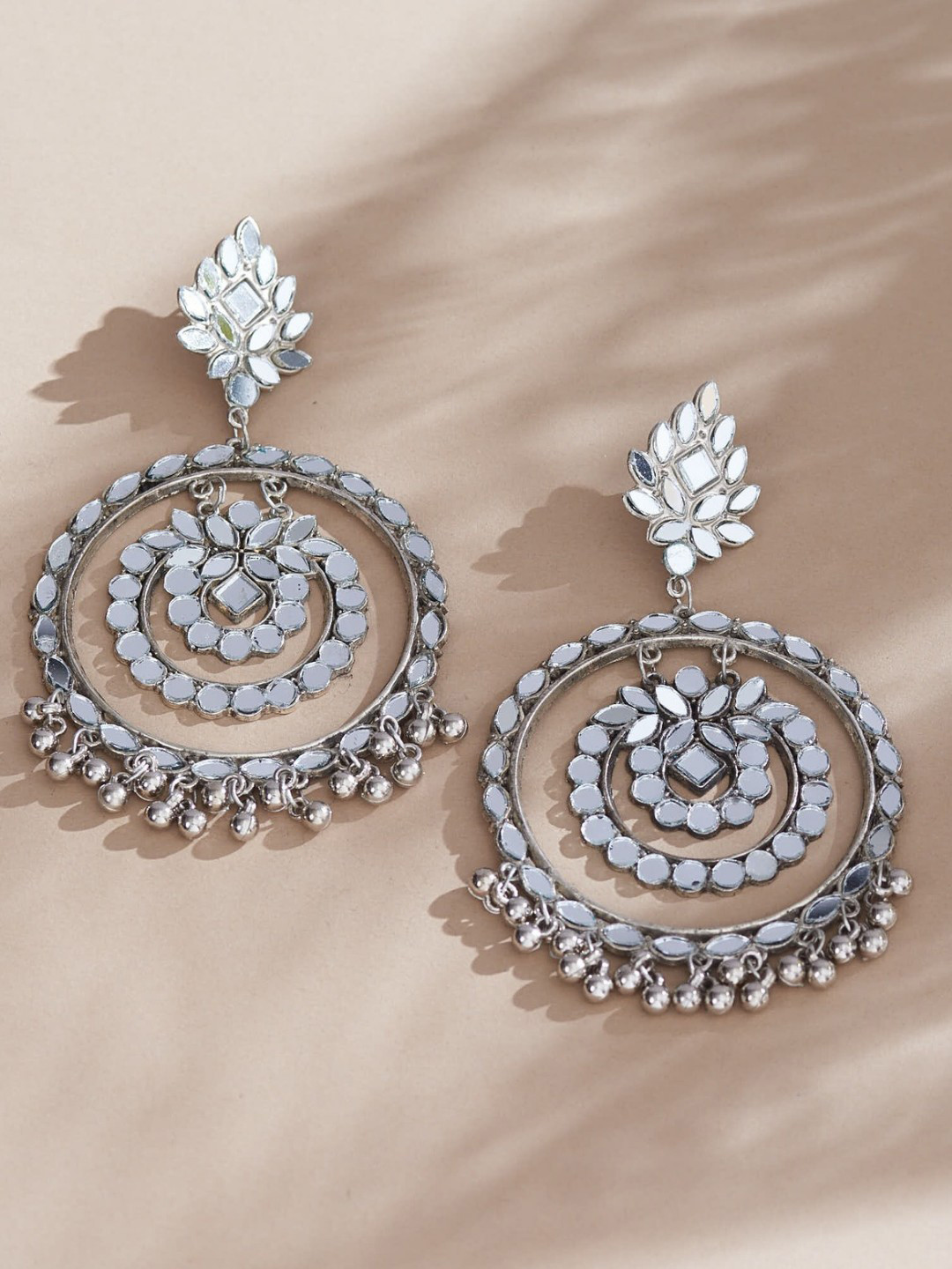 UnfoldSelf Alloy Silver-Plated Contemporary Huge Mirror Chandbalis Earrings