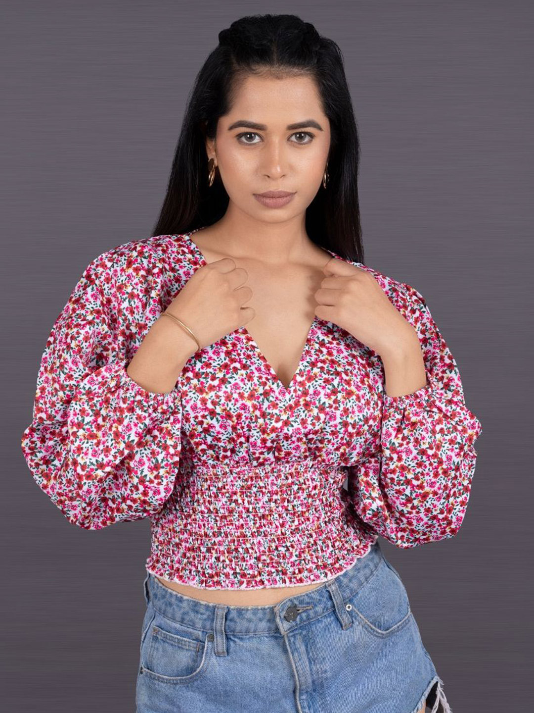La Aimee Floral Printed Puff Sleeve Smocked Blouson Crop Top