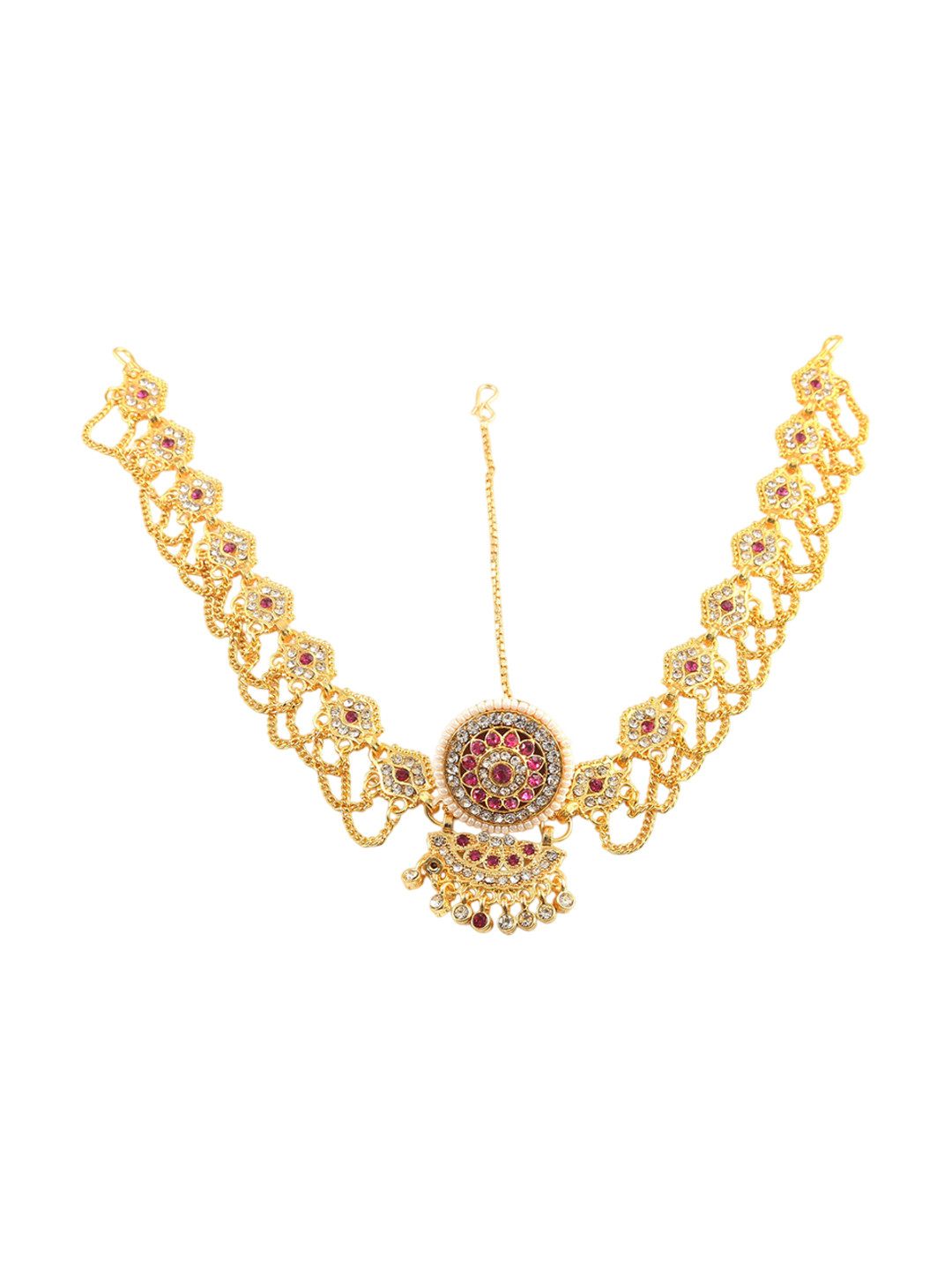 Jewar Mandi Gold-Plated American Diamond Studded Matha Patti Head Jewellery