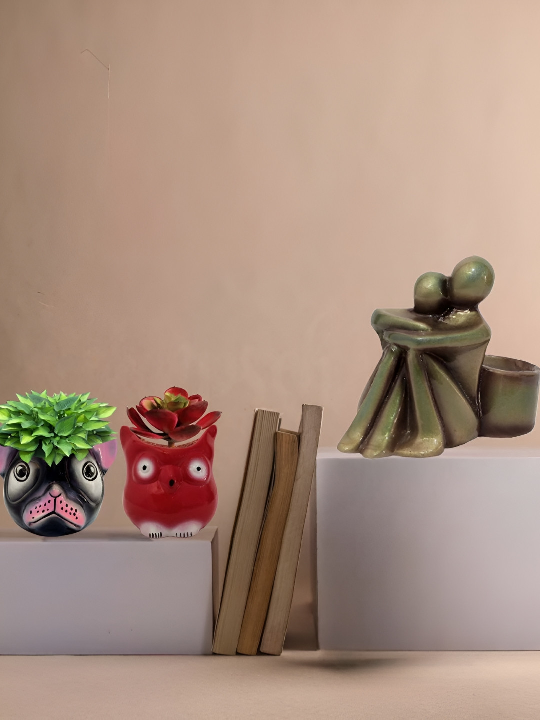 Garden Deco Red & Black 3 Pieces Printed Ceramic Love Couple Bruno & Owl Planters