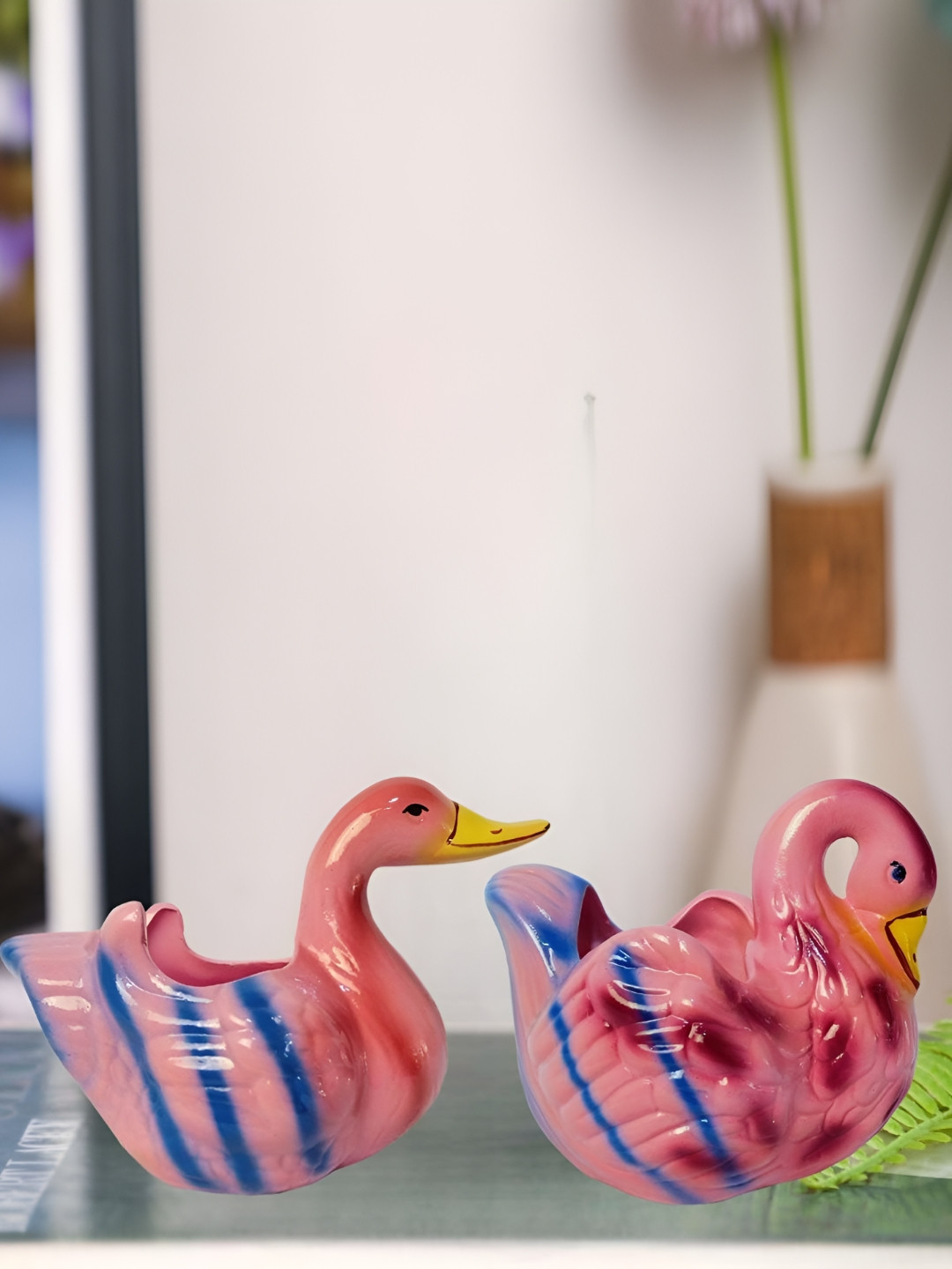 Garden Deco Pink and Blue 2 Pieces Ceramic Duck & Swan Planter Pot