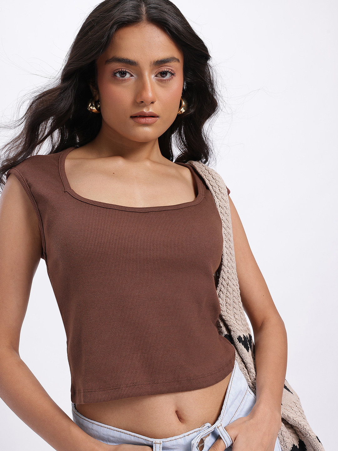 glitchez Brown Ribbed Scoop Neck Crop Top