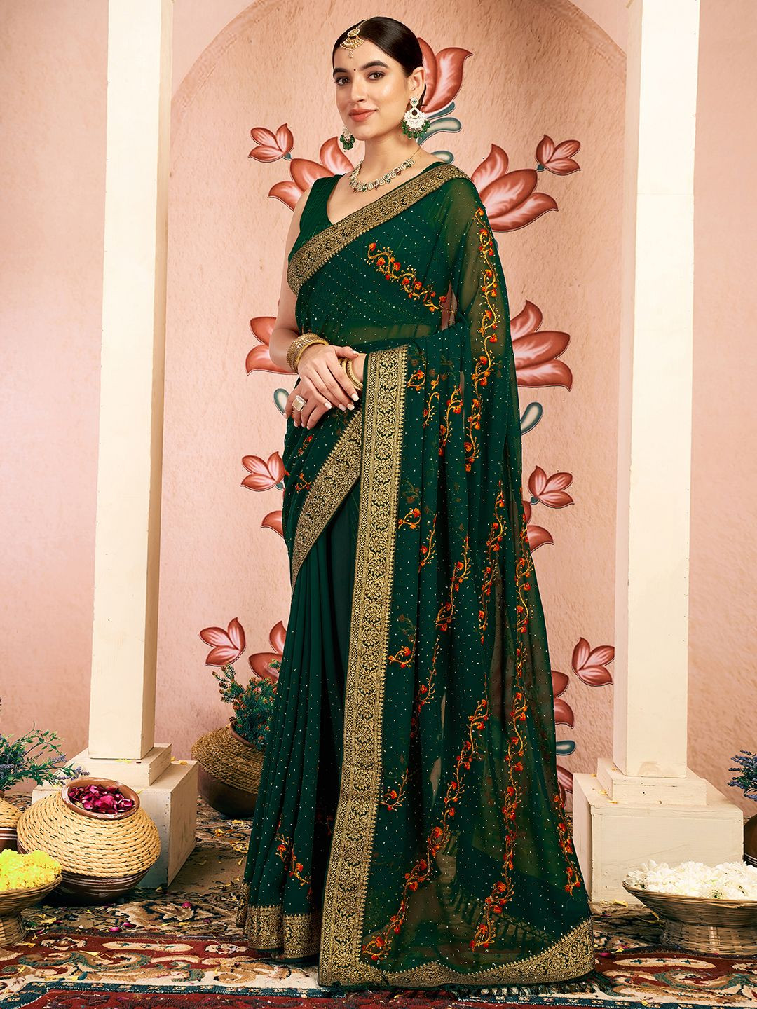 KALINI Ethnic Motifs Embroidered Zari Pure Georgette Saree