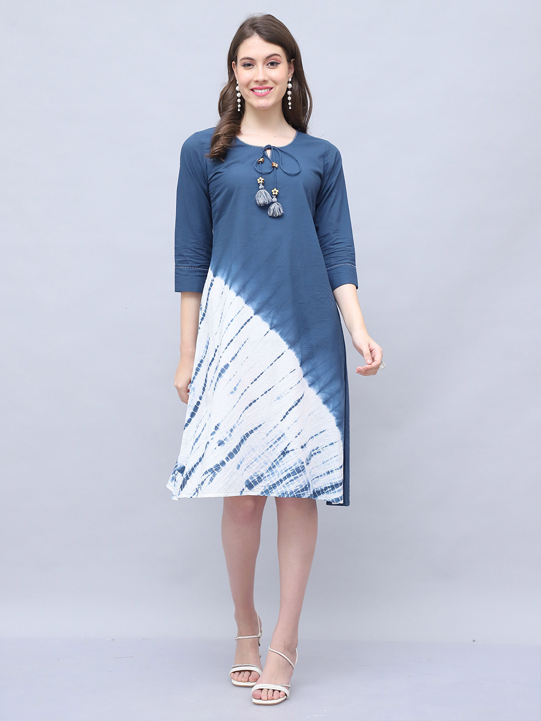 Rajnandini Women Tie-Up Neck Pure Cotton A-Line Midi Dress