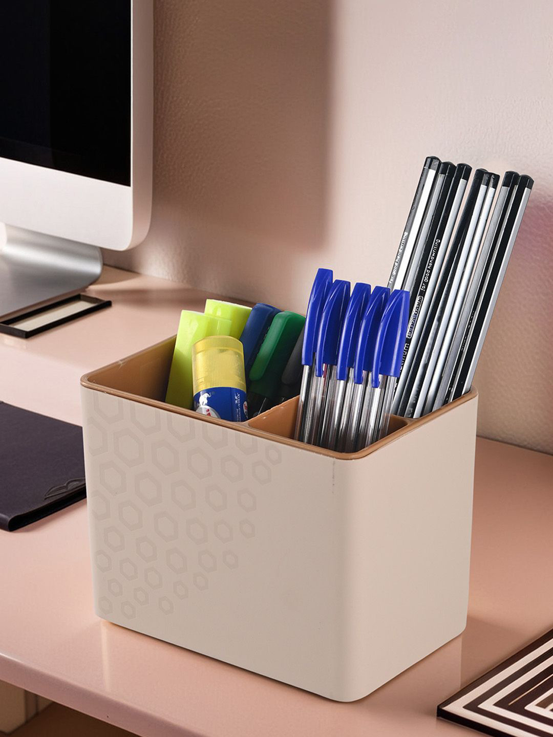 Kuber Industries 3-Compartment Pen Pencil Stand & Desk Organizer Pen Holder
