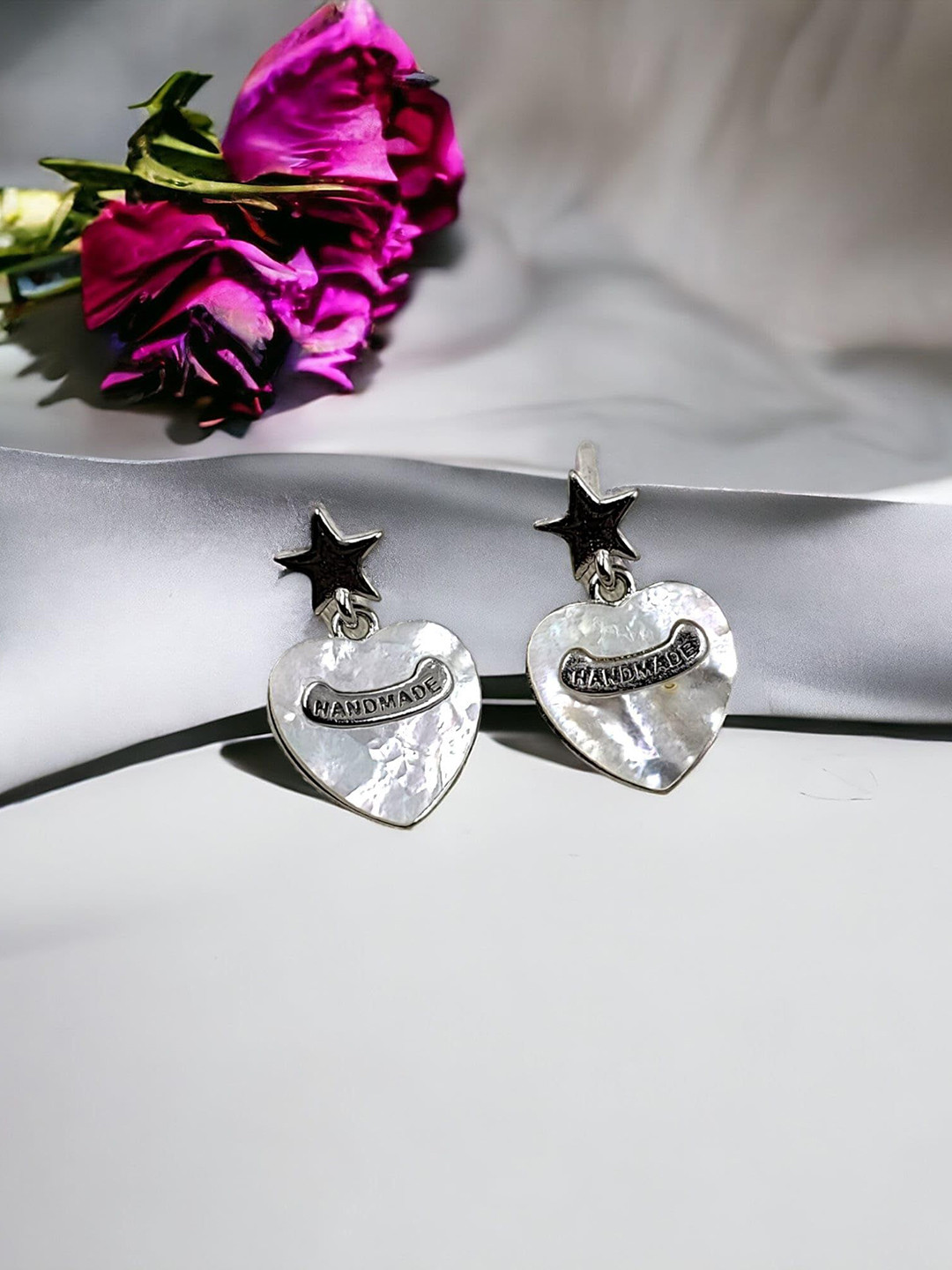 AMONROO 925 Sterling Silver Heart Shaped Star Drop Earrings