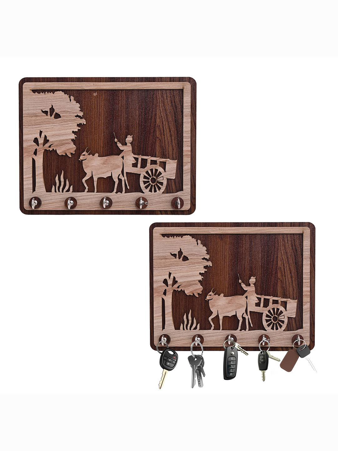 Kuber Industries Brown 2 Pieces Bullock Cart MDF 5-Hooks Key Stand For Wall