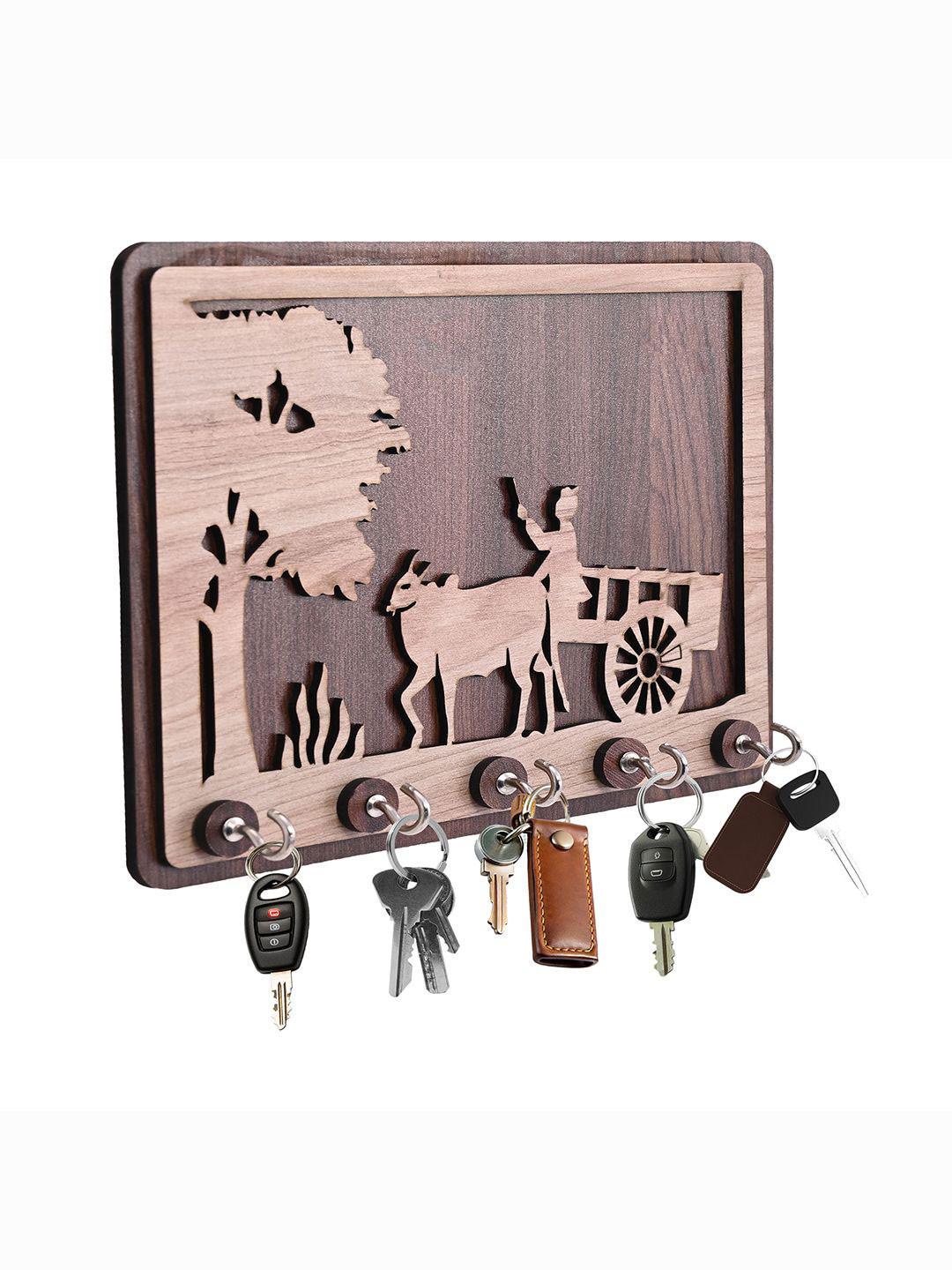 Kuber Industries Brown Bullock Cart MDF 5-Hooks Key Stand For Wall