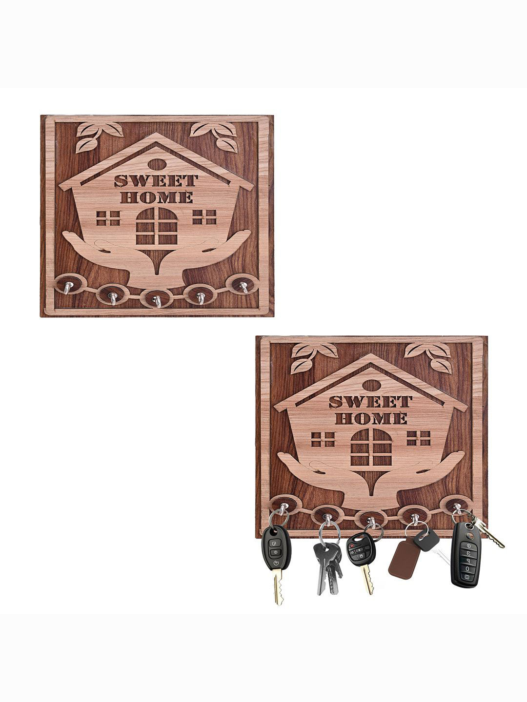 Kuber Industries Brown 2 Pieces Sweet Home MDF 5-Hooks Key Stand For Wall