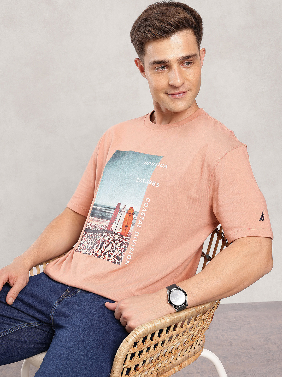 Nautica Photographic Printed Drop-Shoulder Sleeves Pure Cotton Relaxed Fit T-shirt