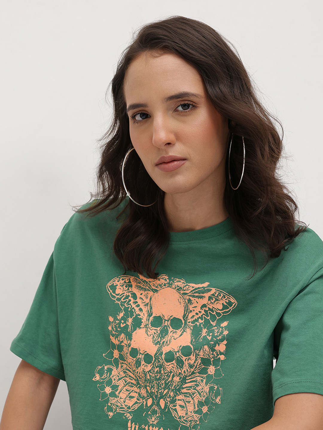 The Roadster Life Co. Grunge Print Drop-Shoulder Sleeves Pure Cotton Super Crop Relaxed Fit T-shirt