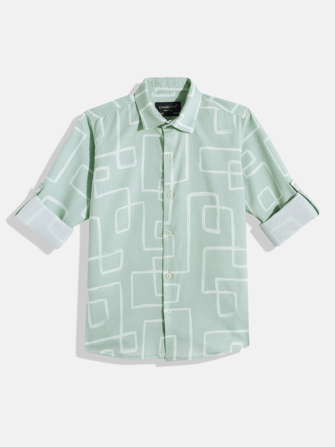 CHARCHIT Boys Comfort Abstract Printed Roll Up Sleeve Pure Cotton Casual Shirt
