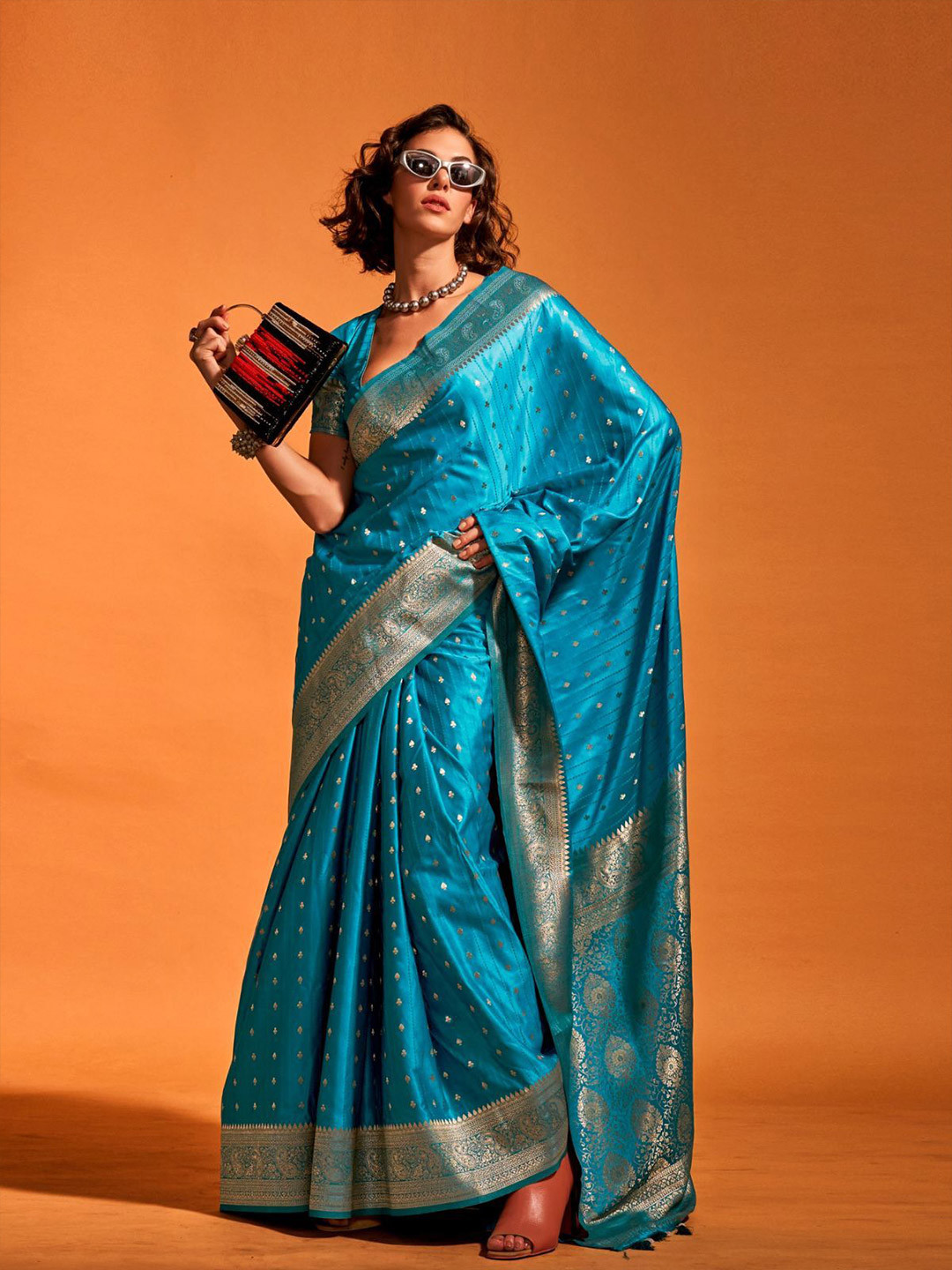 Odette Blue Satin Woven Saree With Unstitched Blouse For Women
