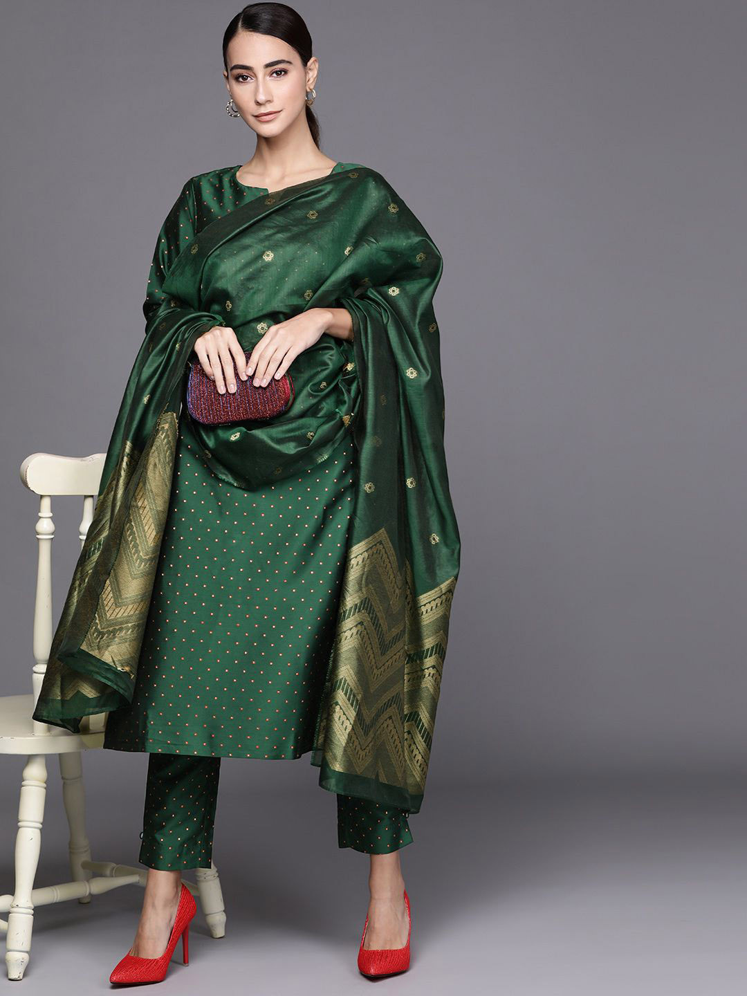 Libas Self Design Printed Notch Neck Striaght Kurta With Trousers And Dupatta