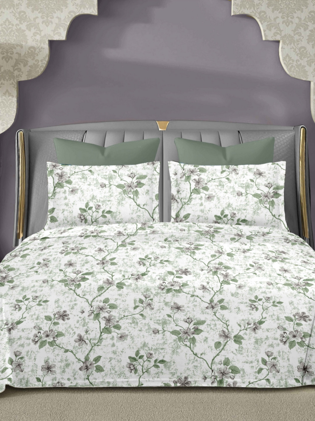 Ariana Grey & White Floral Printed 200 TC Cotton King Bedsheet Set 2.70 m x 2.70 m