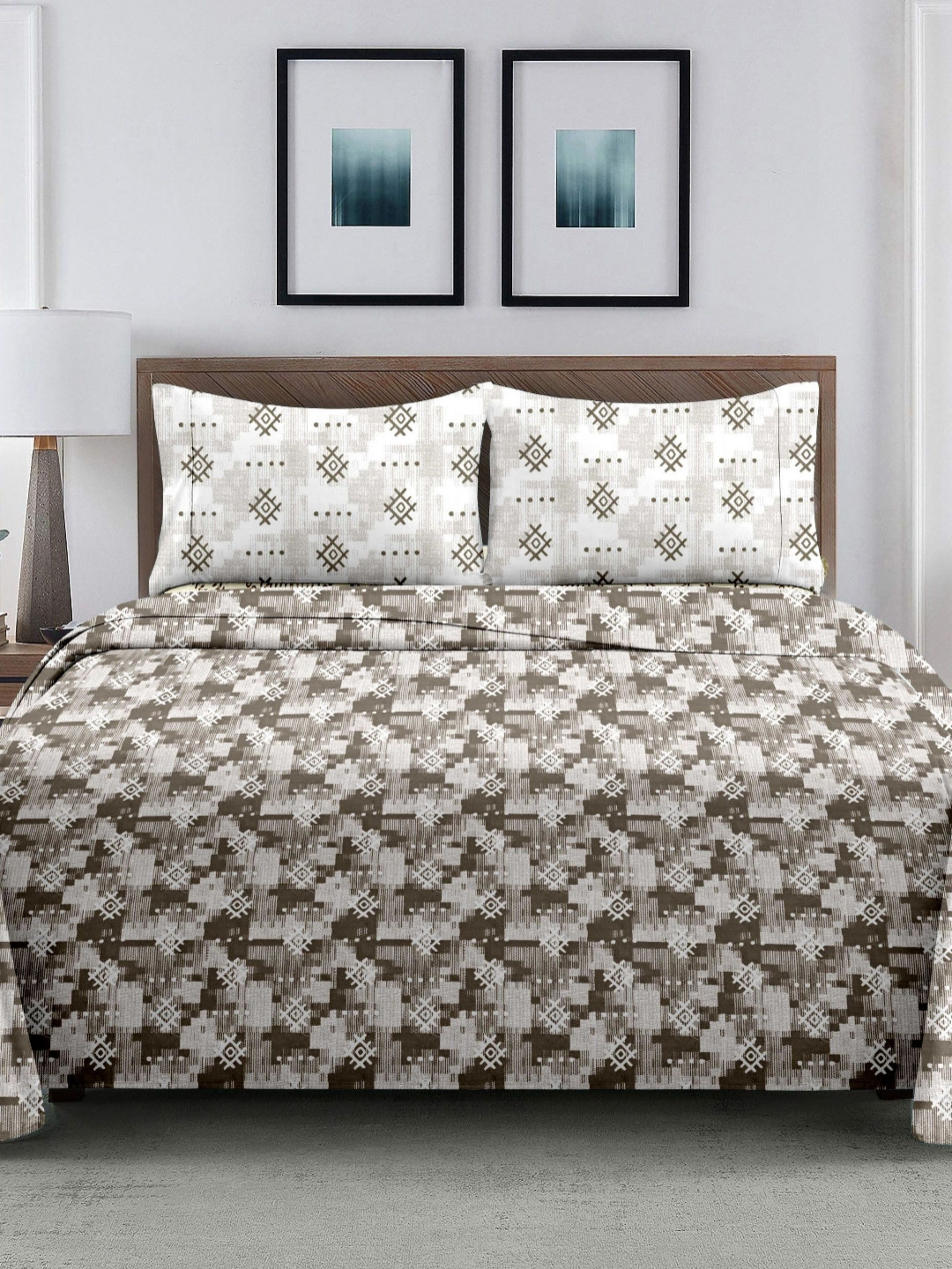 Ariana Urban Tribals White Geometric Cotton 210 TC King Fine Bedsheet with 2 Pillow Covers-270 x 270 cm