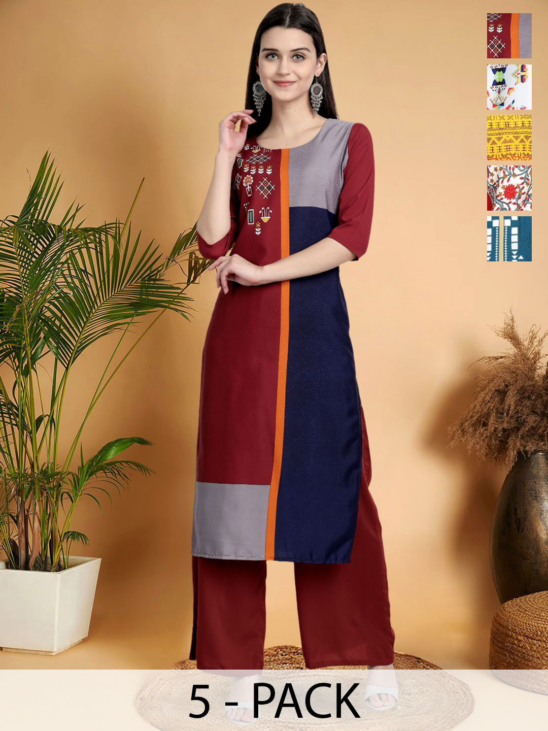 7Threads Selection Of 5 Colorblocked Printed Round Neck Straight Kurtas