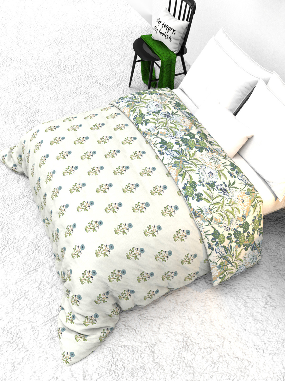 THE WHITE MOSS White & Green Printed Heavy Winter Reversible 300 GSM Single Bed Quilt