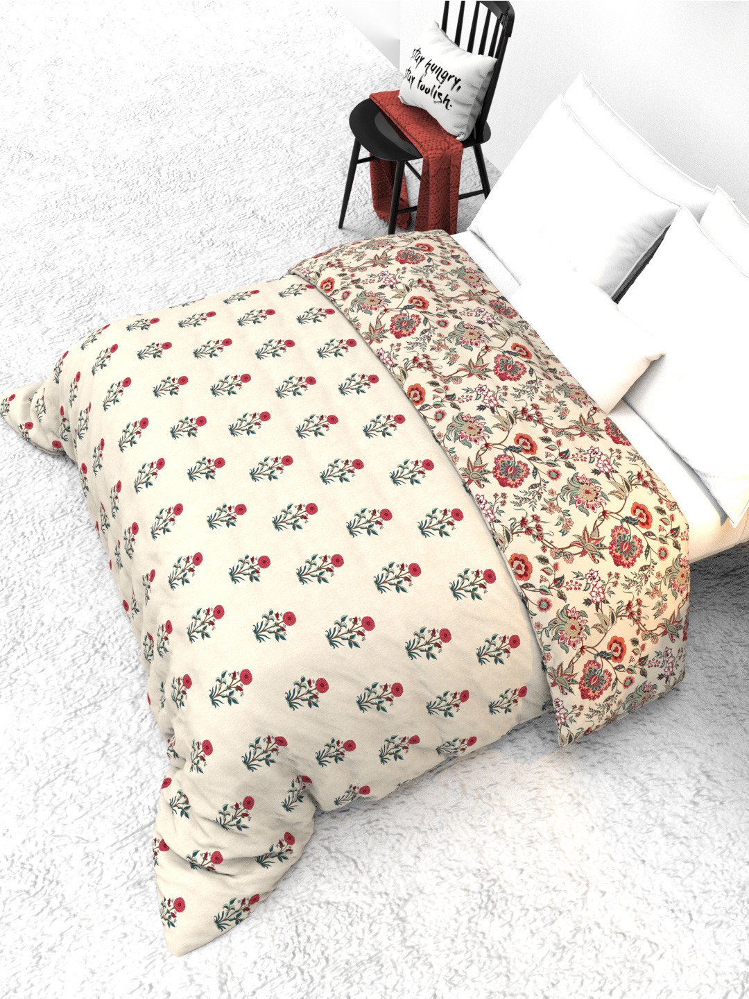 THE WHITE MOSS Beige & Green Printed AC Room 150 GSM Reversible Double Bed Comforter