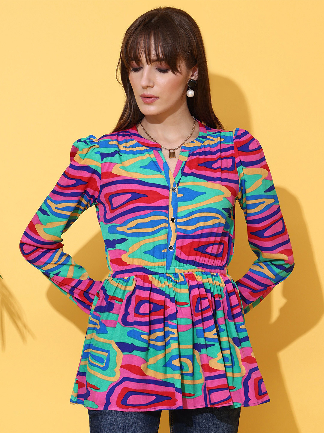 SHEETAL Associates Women Printed Mandarin Collar Crepe Longline Top