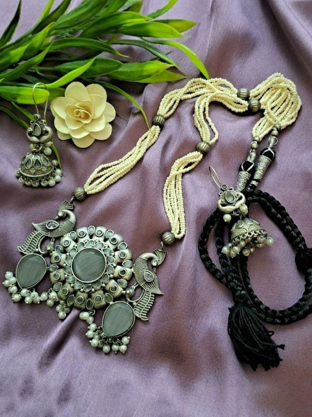 Ekanibymonashstudio Silver-Plated Stone Studded & Pearls Beaded Necklace and Earrings