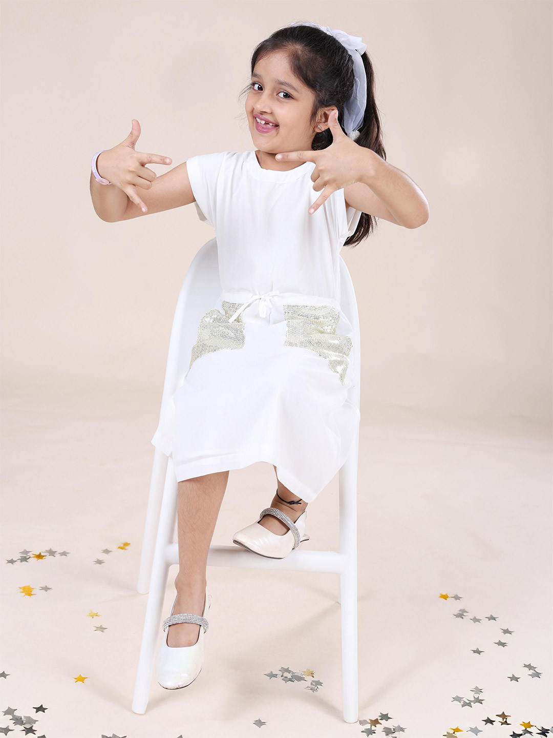 KiddoPanti Girls Round Neck Short Sleeves Jumper Dress With Front Sequence patch Pocket